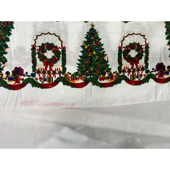 VTG Christmas Table Cloth White Trees Wreaths Presents 50x50” Holiday - Picture 4 of 8
